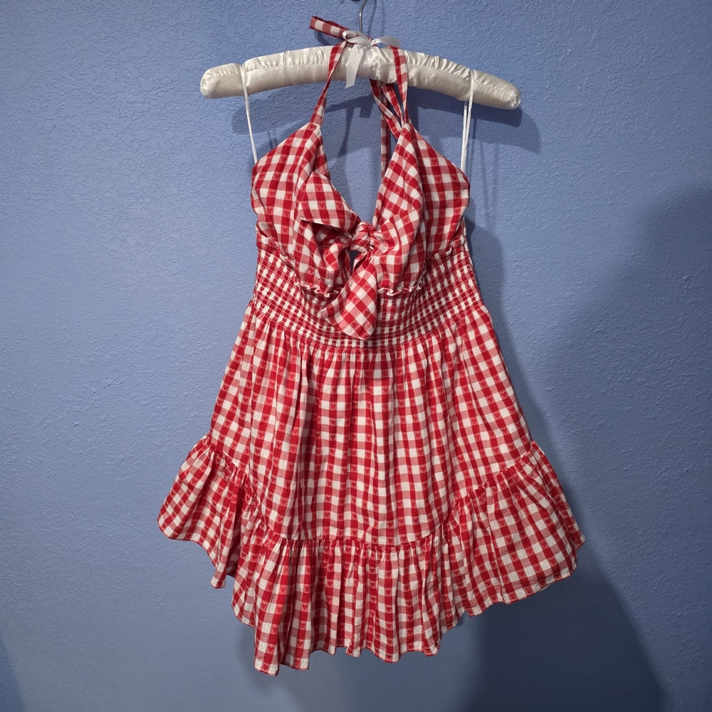 LoveShackFancy Red Checkered Mini Dress